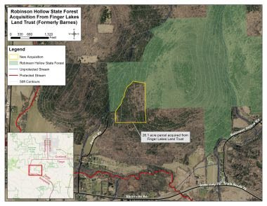 Finger Lakes Land Trust (FLLT) recently announced the acquisition of 26.1 acres in the town of Richford, Tioga County. The property, donated by FLLT to the State, was added to the Robinson Hollow State Forest after being gifted to the Land Trust by Michael Barnes. "Thanks to the generosity of Michael Barnes, this property was acquired at no cost to New York taxpayers, and access to public lands is enhanced with this addition to Robinson Hollow State Forest," DEC Regional Director Matthew Marko said. "We deeply value our relationships with local partners like the Finger Lakes Land Trust, which make these opportunities possible." "We're grateful to Michael Barnes for this wonderful gift," said Land Trust Executive Director Andy Zepp. "This is the third partnership project the Land Trust and DEC have undertaken to protect wildlife habitat, improve water quality, and enhance public access at Robinson Hollow." The property is entirely forested, featuring a diverse mix of mature hemlock-hardwood cover overstory trees and understory forest flora. The property's continuous forest cover will benefit water quality in the nearby West Branch of Owego Creek, a high-quality brook trout stream. The FLLT / Barnes donation is a key addition to Robinson Hollow State Forest that will improve land stewardship and opportunities for recreation. This property includes a section of the New York State snowmobile corridor trail system. Protection of the property also preserves views of surrounding hills from State Route 79. The parcel is identified as a Tier 2 Forest Matrix Block. This designation, developed in partnership with the New York Natural Heritage Program and The Nature Conservancy, reflects New York State's interest in maintaining forest cover and associated wildlife habitat connectivity to surrounding forested areas across the landscape. Additionally, the sustainable management of this forested acreage will contribute to the mitigation of climate change impacts via carbon storage. The acquisition, and all of Robinson Hollow, will be managed with the long-term goals and objectives of the Tri-County Uplands Unit Management Plan. The 3,413-acre Tri-County Uplands Unit is comprised of Andersen Hill, Potato Hill, and Robinson Hollow State Forests. These forests are located near the intersection of Cortland, Tioga, and Tompkins counties. DEC manages state lands for multiple benefits to serve the people of New York State, including sustainable forest management, ecosystem health and diversity, wildlife habitat, water quality protection, and public recreation opportunities. Some of the popular activities on Robinson Hollow are hiking, bird watching, camping, hunting, trapping, snowmobiling, cross-country skiing, and snowshoeing. The existing portion of the forests includes a 2.5-mile section of the Finger Lakes Hiking Trail and a three-mile section of maintained snowmobile trail.