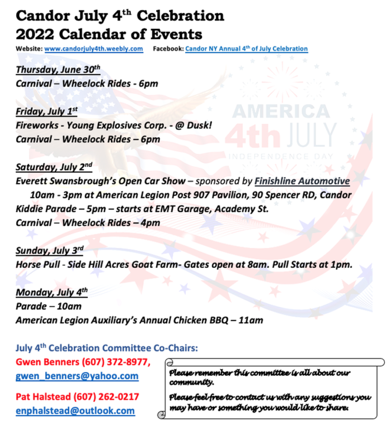 Fourth of July Celebration taking place in Candor Owego Pennysaver Press