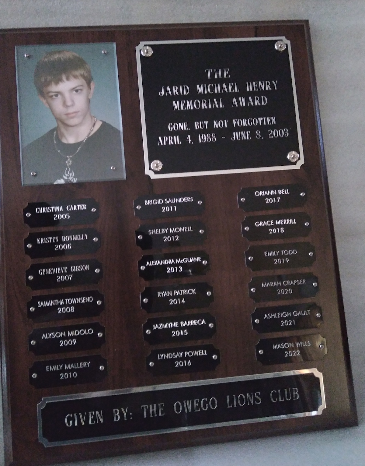 Owego Lions Club presents ‘Jarid Michael Henry Memorial Award’ Owego