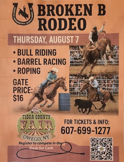 Broken B Rodeo barrels into the Tioga County Fair; Action taking place on Thursday, August 7